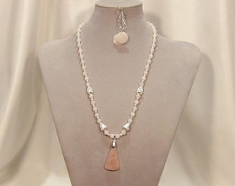 Rose Quartz Pendant, Necklace, and Earring Set