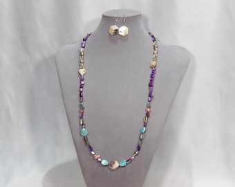 Multi-Color Mother of Pearl Long Necklace with Kabibe and Paua Shell Earring Set