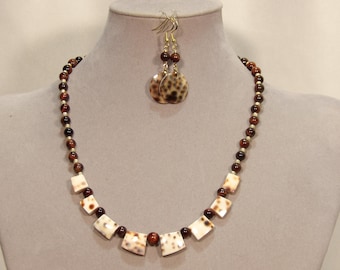 Reversible Cowrie, Mother of Pearl, Red Tigers Eye Necklace and Earring Set; Choice of Size