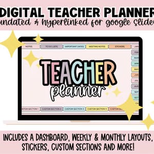 Puede incluir: Un planificador digital para profesores que se muestra en la pantalla de una computadora portátil. El planificador presenta pestañas para notas, listas de tareas y fechas importantes. El título "TEACHER planner" está en una fuente colorida y lúdica. La imagen incluye el texto: "Incluye un panel, diseños semanales y mensuales, pegatinas, secciones personalizadas y más!"