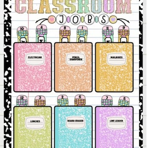 Può includere: Un colorato schema dei lavori in classe con le parole "CLASSROOM JOBS" in alto. Lo schema presenta sei incarichi di lavoro a forma di quaderno, tra cui "ELECTRICIAN", "PENCIL SHARPENER" e "MAILBOXES".