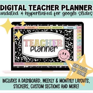 May include: A digital teacher planner on a laptop screen, featuring a black and white speckled background with pastel accents. Text includes "DIGITAL TEACHER PLANNER," "TEACHER Planner," and "NEW PASTEL POP THEME!" Includes dashboard, weekly, monthly layouts, stickers, and custom sections.