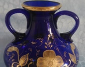 AMPHORE Vase - Pressed Tempered Glass, Hand Painted, Flowers Blossoms Gold-Rim Decor