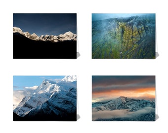 May include: Four different photographs of snow-capped mountains. The first image shows a mountain range at night with a starry sky. The second image shows a rocky mountainside covered in green moss. The third image shows a close-up of a snow-covered mountain peak. The fourth image shows a mountain range at sunset with clouds in the sky.