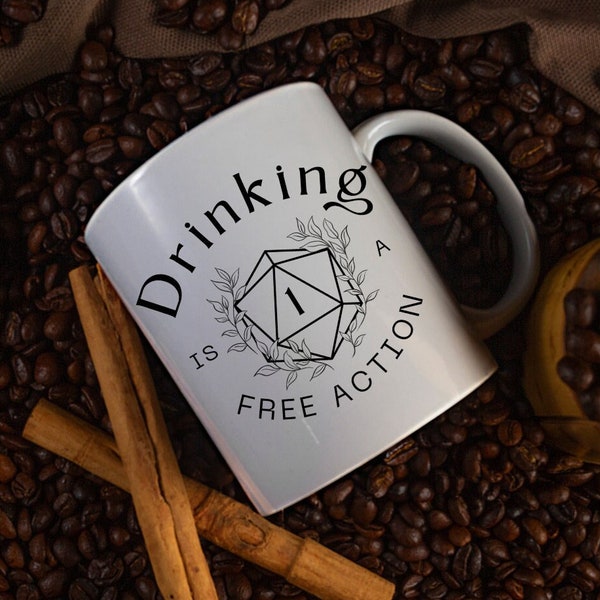 Drinking is a Free Action Mug - Dungeons and Dragons Mug, Funny Nerdy Gift, Dungeon Master Cup, DND Critical Roll Mug, Trendy RPG Coffee Tea