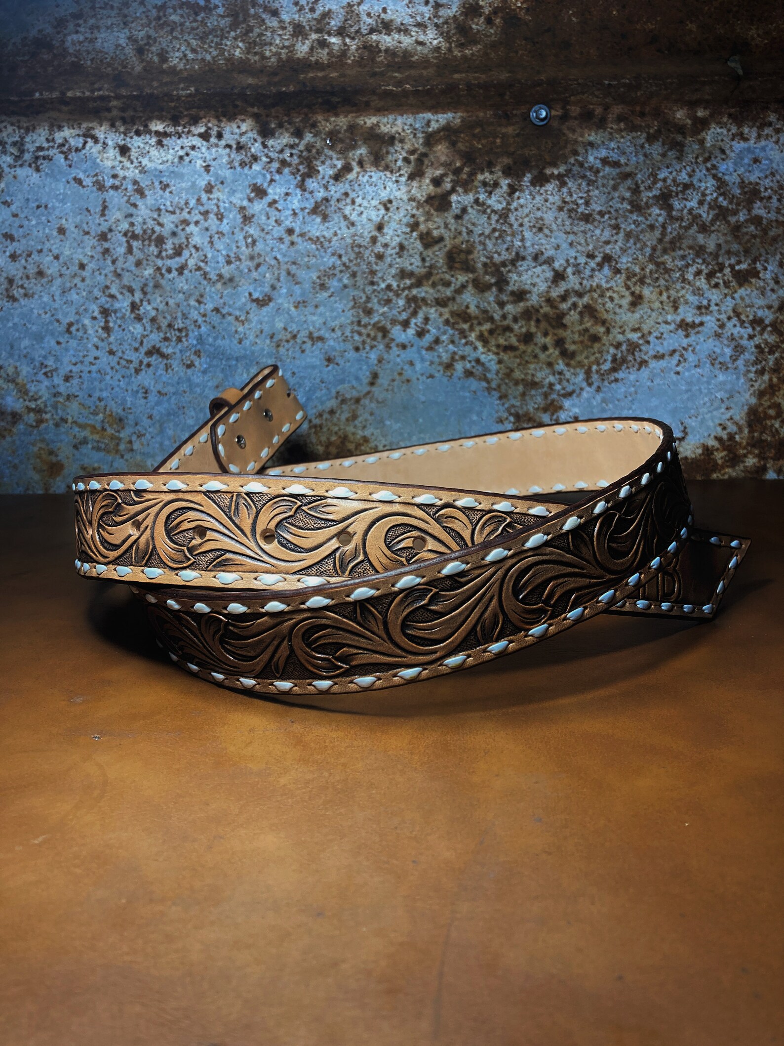 Mens Floral Tooled Leather Belt main image 1