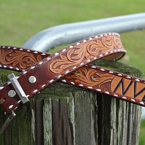 Ladies Tan Floral Tooled Leather Belt with Silver Buckle Set