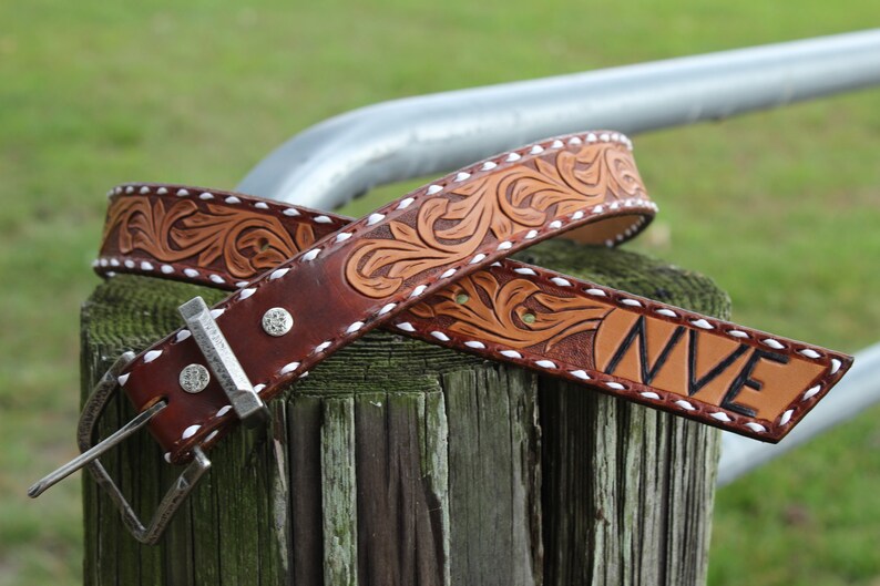 Mens Floral Tooled Leather Belt main image 0