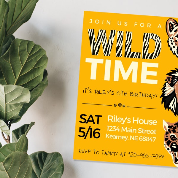 Wild Cat Birthday Invitation | Tiger | Lion | Cat | Wild Time Invite | Digital Download or Printed and Shipped