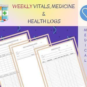 Printable Weekly vital signs log, medication tracker, health note sheet - Letter size, Daily Weekly Vital Signs log, Medicine Tracking sheet