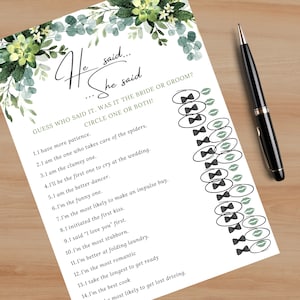 He Said She Said | Printable Bridal Shower Game | Style #1 Eucalyptus, Floral, Greenery  | Instant Download