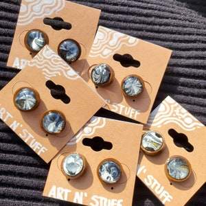 Recycled Fluid Art Paint Wood Stud Earrings | Black, White, Gold
