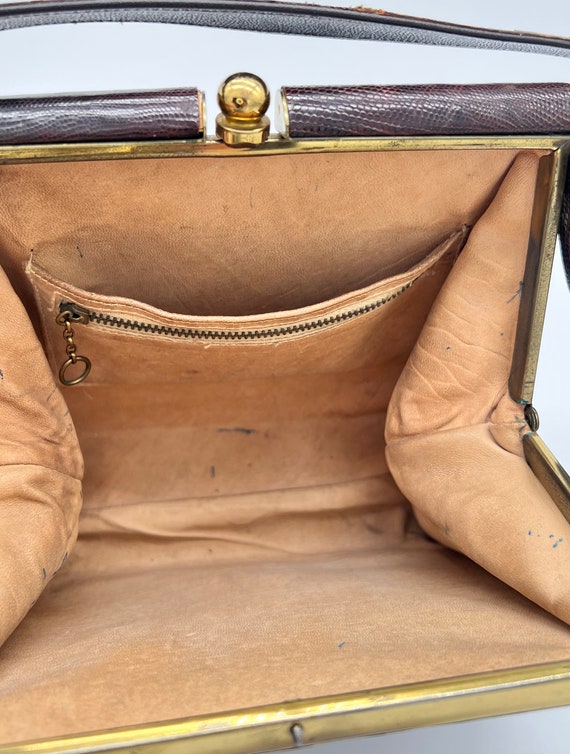 Vintage Top Handle Brown Leather Handbag Reptile … - image 8