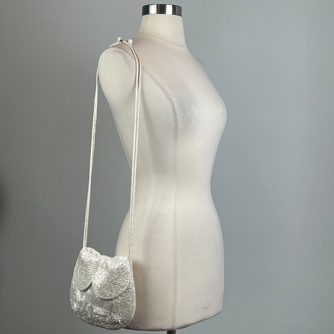 Eggshell Beaded Drawstring Evening Bag With Scalloped Design Etsy