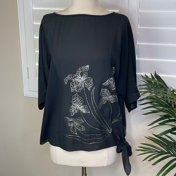 Teddi of California Beautiful Vintage Black Blouse with Glitter Floral Print