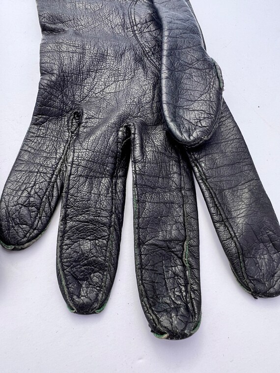 Vintage Long Black Leather Gloves with Silk Lining - image 6