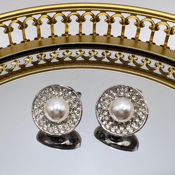 Unique vintage Bowl Shaped Rhinestone Earrings with Center Faux Pearl-Clip Ons