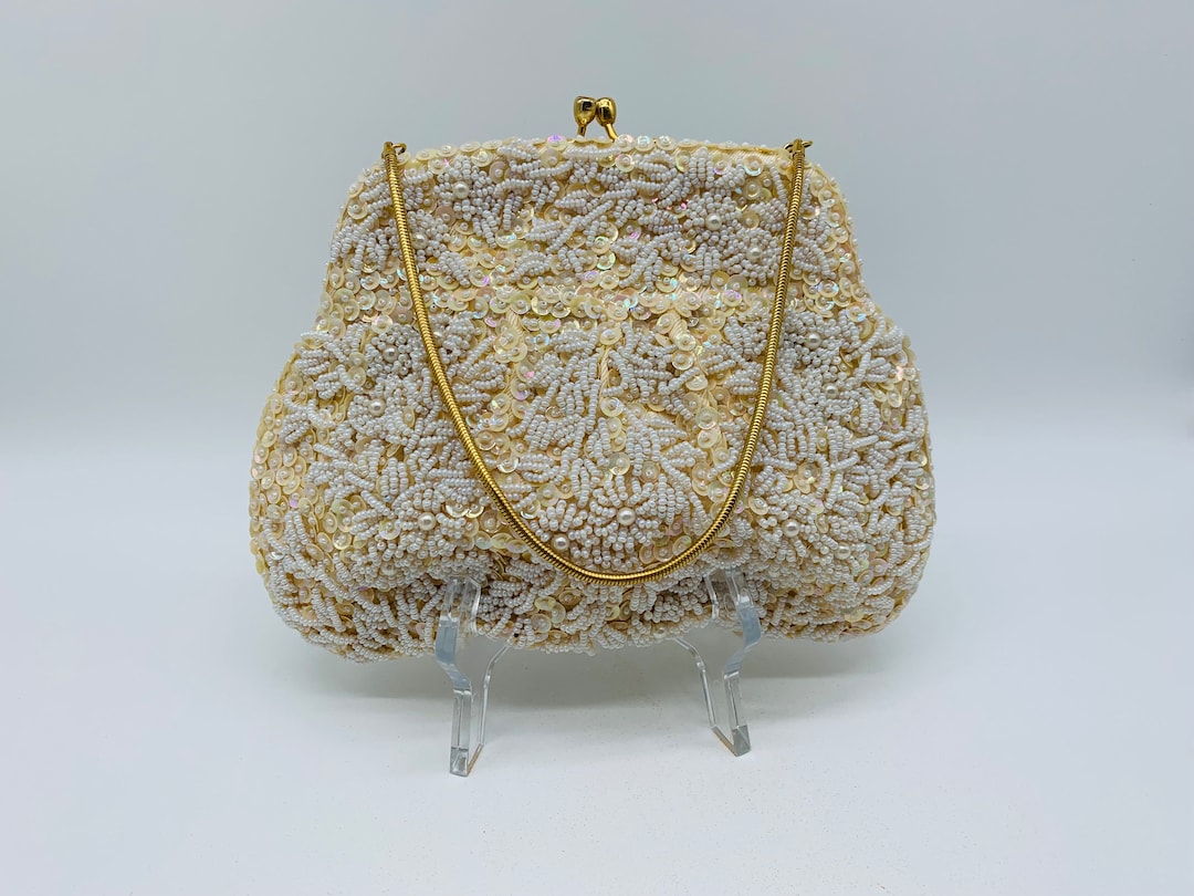 Sac à Main Soirée En Satin Crème - Brodé De Perles Et Paillettes - Dimensions 25x10x4.5 Cm - Neuf Sans étiquette