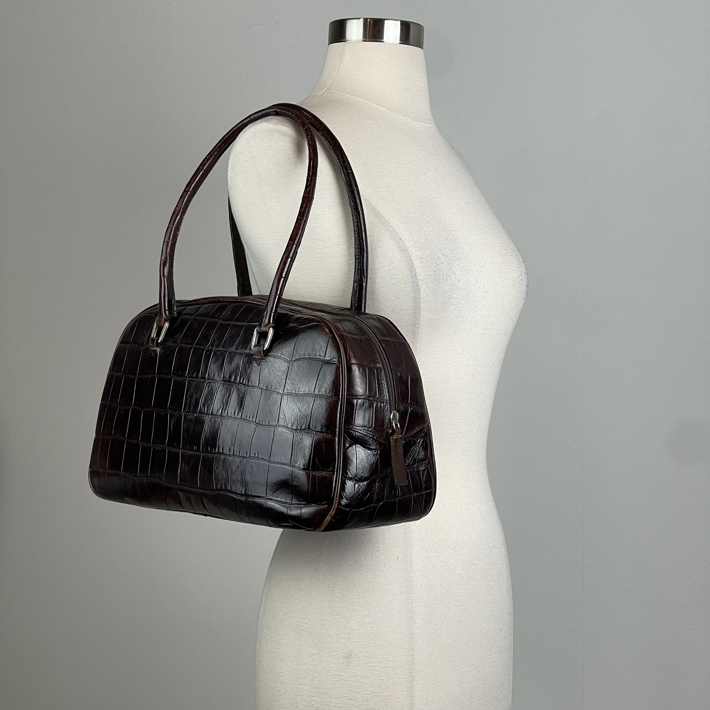 Vintage Besozzi Franco Brown Leather Bag With Embossed Crocodile
