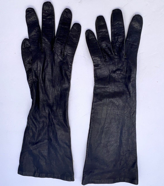 Vintage Long Black Leather Gloves with Silk Lining