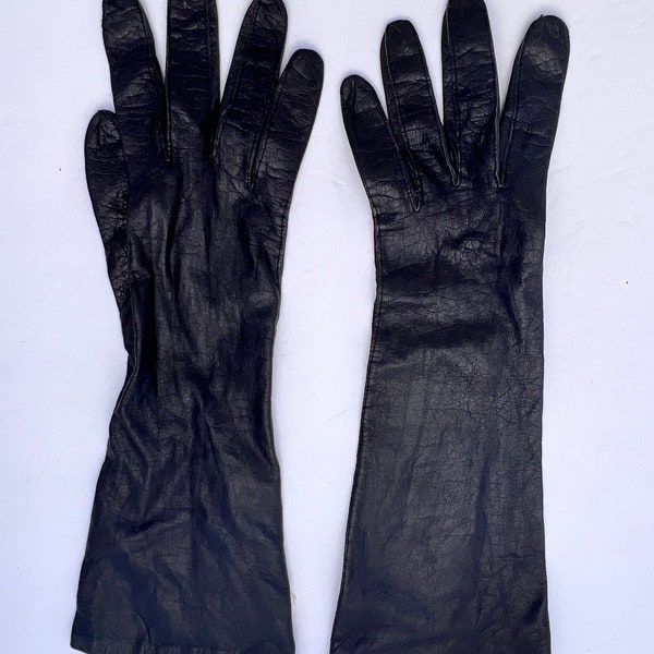 Vintage Long Black Leather Gloves with Silk Lining