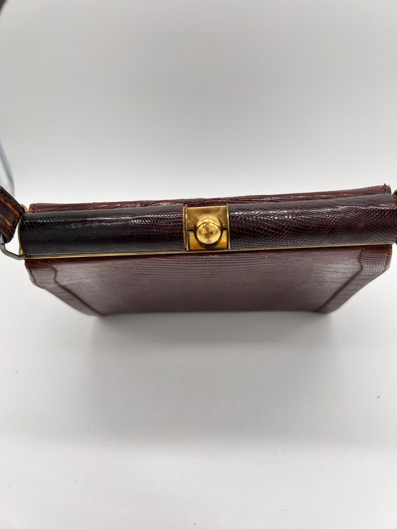 Vintage Top Handle Brown Leather Handbag Reptile … - image 5