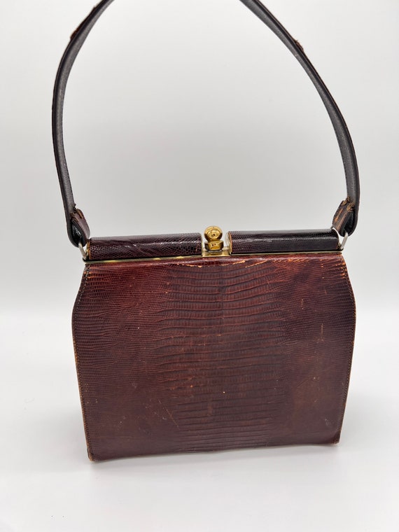 Vintage Top Handle Brown Leather Handbag Reptile … - image 2