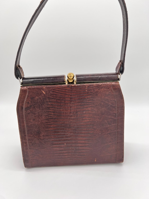 Vintage Top Handle Brown Leather Handbag Reptile … - image 1