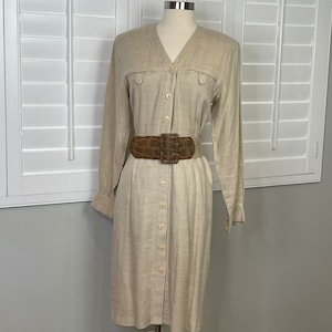 Vintage Beige Linen Button Down Dress with Belt and Shoulder Pads