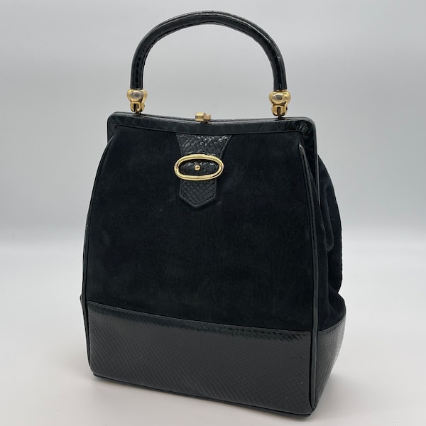 Bienen Davis Vintage Suede Snake Embossed Black Top Handle Bag