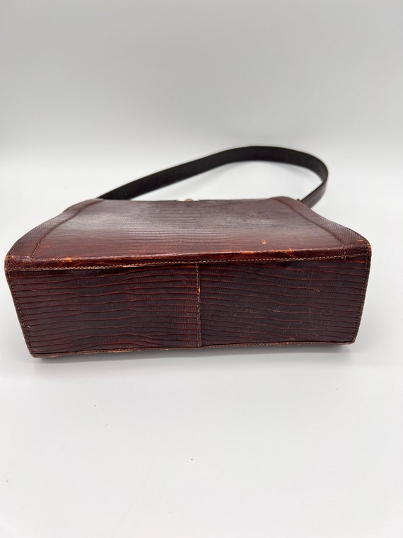 Vintage Top Handle Brown Leather Handbag Reptile … - image 6