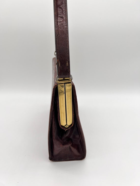 Vintage Top Handle Brown Leather Handbag Reptile … - image 4