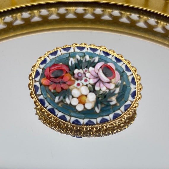 Broche Clip Micro Mosaïque Florentine Décor Mandoline - Superbe, Métal Doré, Italie