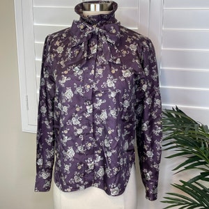 Evan Picone Vintage Purple Floral Blouse with Neck Bow