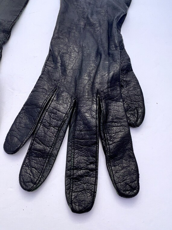 Vintage Long Black Leather Gloves with Silk Lining - image 3