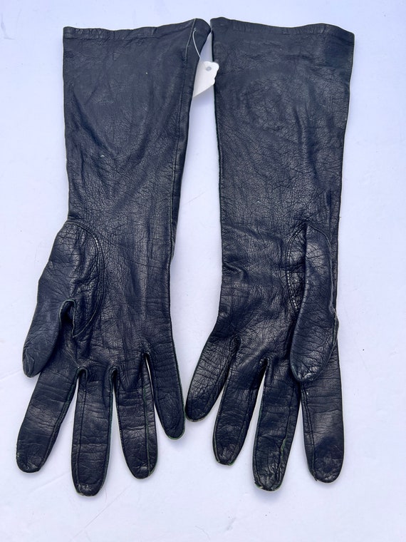 Vintage Long Black Leather Gloves with Silk Lining - image 4