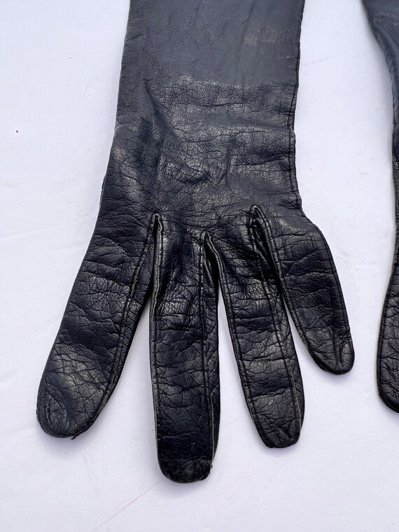 Vintage Long Black Leather Gloves with Silk Lining - image 2