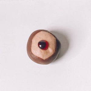 May include: A chocolate-covered peanut butter candy with a red jelly center.