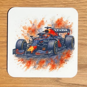 Red Bull F1 Coaster – Max Verstappen & Sergio Pérez – Formula 1 Gift – Single or 4-Pack – F1 Gift for Him, Racing Decor
