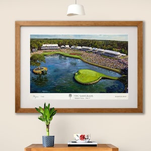 May include: Framed print of TPC Sawgrass Stadium Course, Hole 17, featuring a green island, water, and spectators. The artwork is in a wooden frame and includes the course name and coordinates.