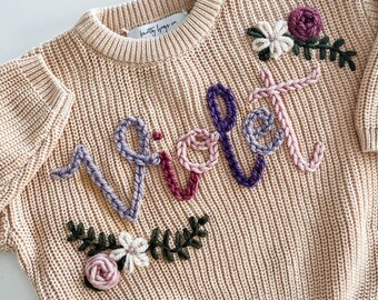 Personalized Baby and Toddler Name Sweater. Hand embroidered custom name on super soft chunky sweater.