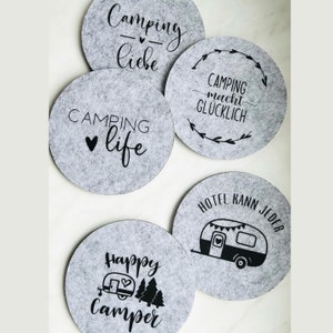 Dessous de verre CAMPING en feutre noir ou gris clair rond, cadeau décoration de table dessous de verre accessoires de cuisine décoration camping camping-car