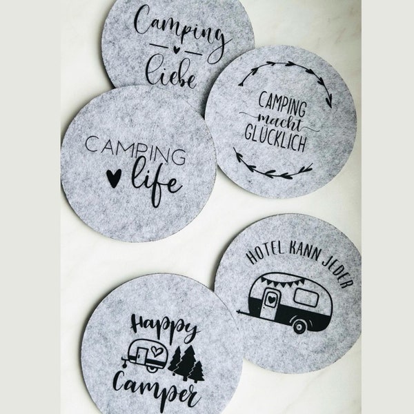 Posavasos de fieltro para camping, negros o gris claro, redondos, regalo, decoración de mesa, posavasos de cristal, accesorio de cocina, decoración de camping, autocaravana