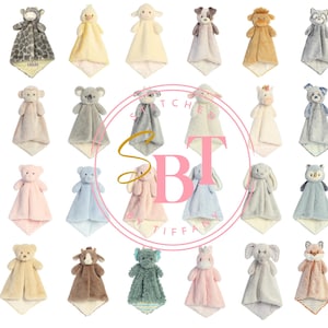 May include: A collection of twenty-four plush animal security blankets featuring various characters including bears, elephants, monkeys, and foxes. Each soft toy has a small stuffed head attached to a square, textured fabric blanket base.