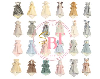 May include: A collection of twenty-four plush animal security blankets featuring various characters including bears, elephants, monkeys, and foxes. Each soft toy has a small stuffed head attached to a square, textured fabric blanket base.