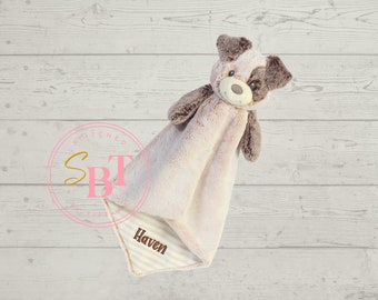 Monogrammed Puppy Dog luvster lovey security blanket personalized custom embroidered baby gift