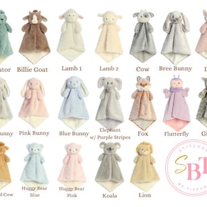 May include: A collection of 18 plush security blankets for babies and toddlers. Each blanket features a different animal design, including an alligator, goat, lamb, cow, bunny, deer, elephant, fox, butterfly, giraffe, lion, and koala. The blankets are made of soft, cuddly fabric and are perfect for cuddling and comforting little ones.