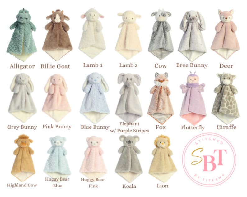 May include: A collection of 18 plush security blankets for babies and toddlers. Each blanket features a different animal design, including an alligator, goat, lamb, cow, bunny, deer, elephant, fox, butterfly, giraffe, lion, and koala. The blankets are made of soft, cuddly fabric and are perfect for cuddling and comforting little ones.