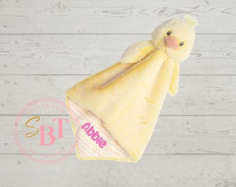 Monogrammed Duck Duckie luvster lovey security blanket personalized custom embroidered baby gift