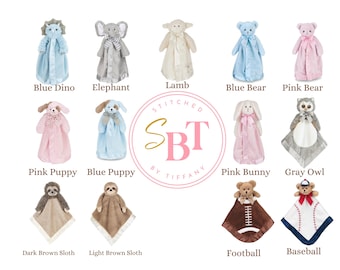 Personalized animal lovey snuggler security blanket personalized custom embroidered baby gift